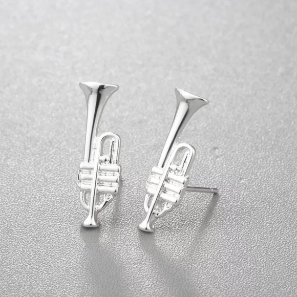 Silver Trumpet Musical Instrument Petite Earrings, New - Picture 3 of 3